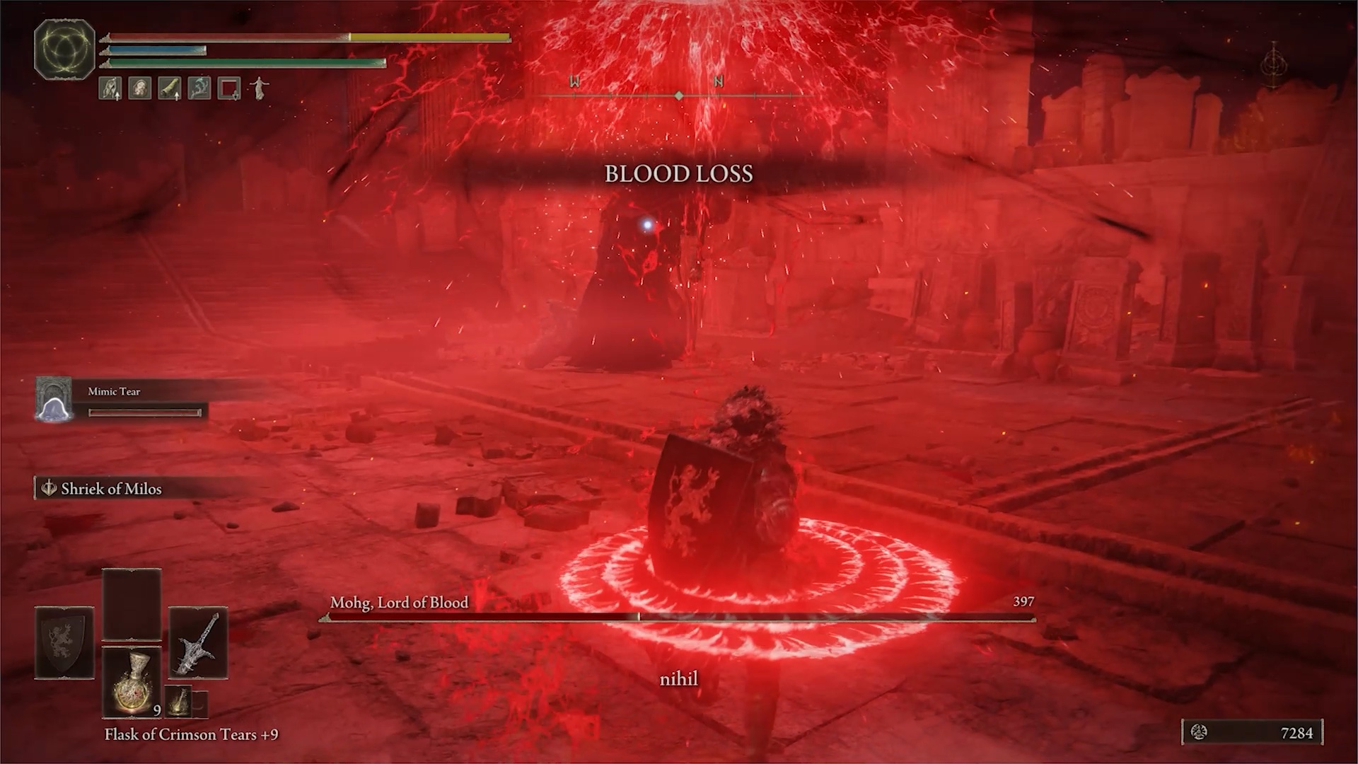 elden ring how to beat mohg lord of blood - a red screen shows the effects of mohg's blood curse